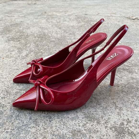 ZARA Patent Pointed Toe Slingback Heels NWT – Red Bow Pumps, Size 6.5–10 - Picture 15 of 16